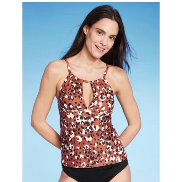 NWT Kona Sol Leopard Print High Neck Keyhole Tankini Top Size Small - Picture 1 of 2